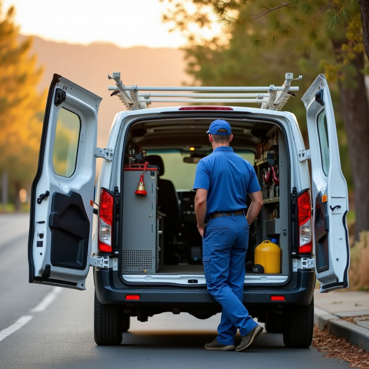 The HVAC Auburn CA service van and technician in the Sierra foothills of Auburn, CA