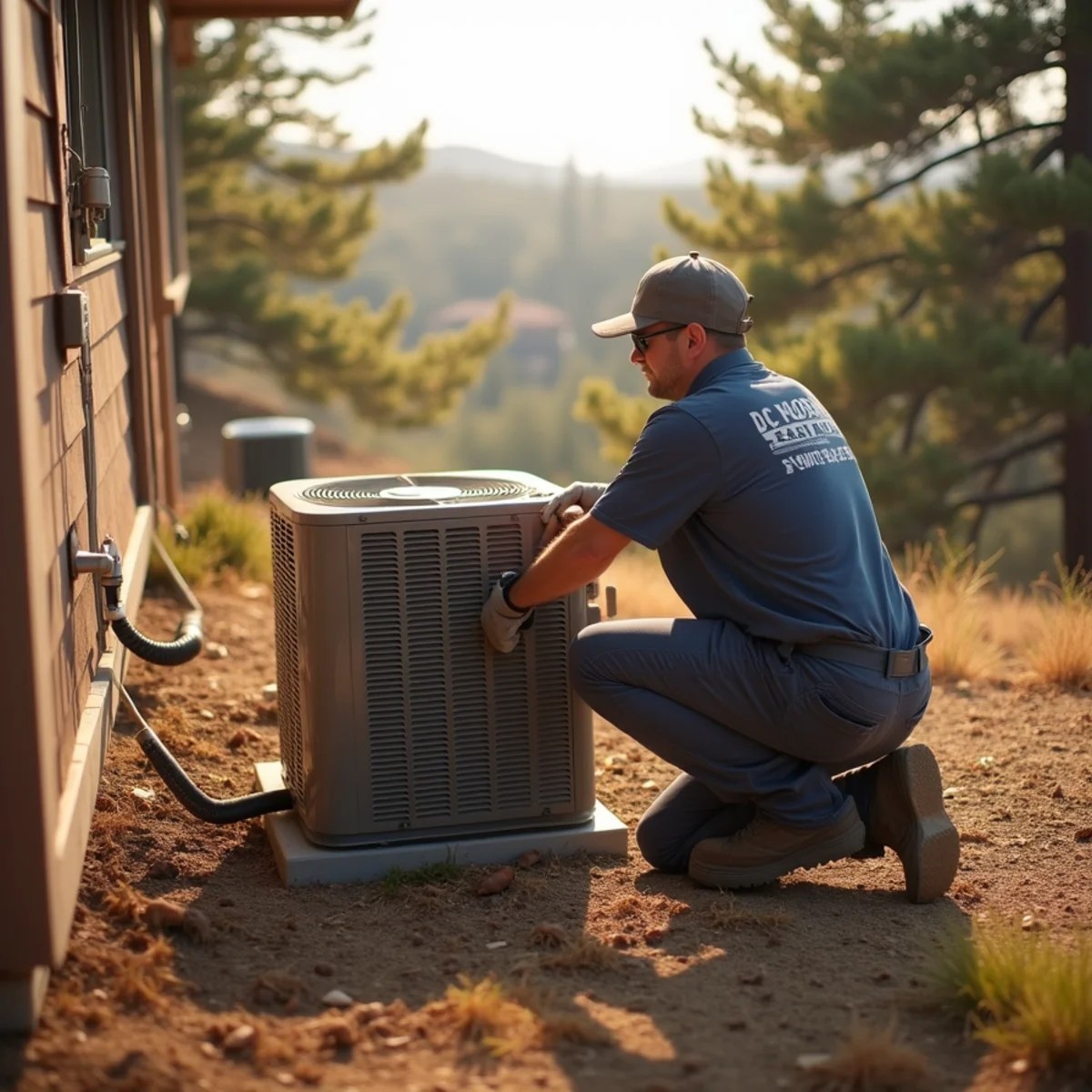 HVAC technician installing a heat pump at a wooded ridge home in Auburn Lake Trails, CA