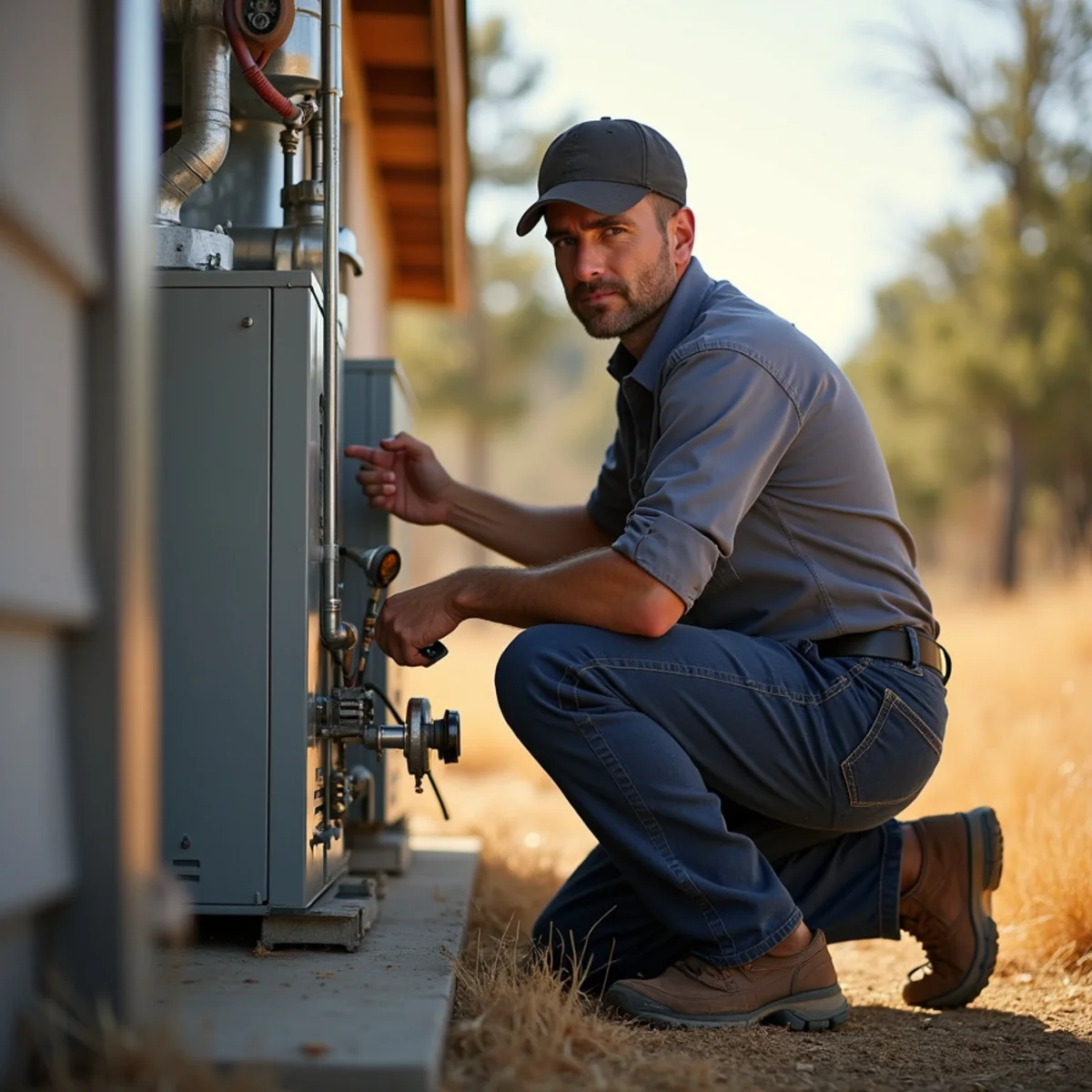 HVAC technician servicing a propane furnace at a rural acreage home in Bowman, CA