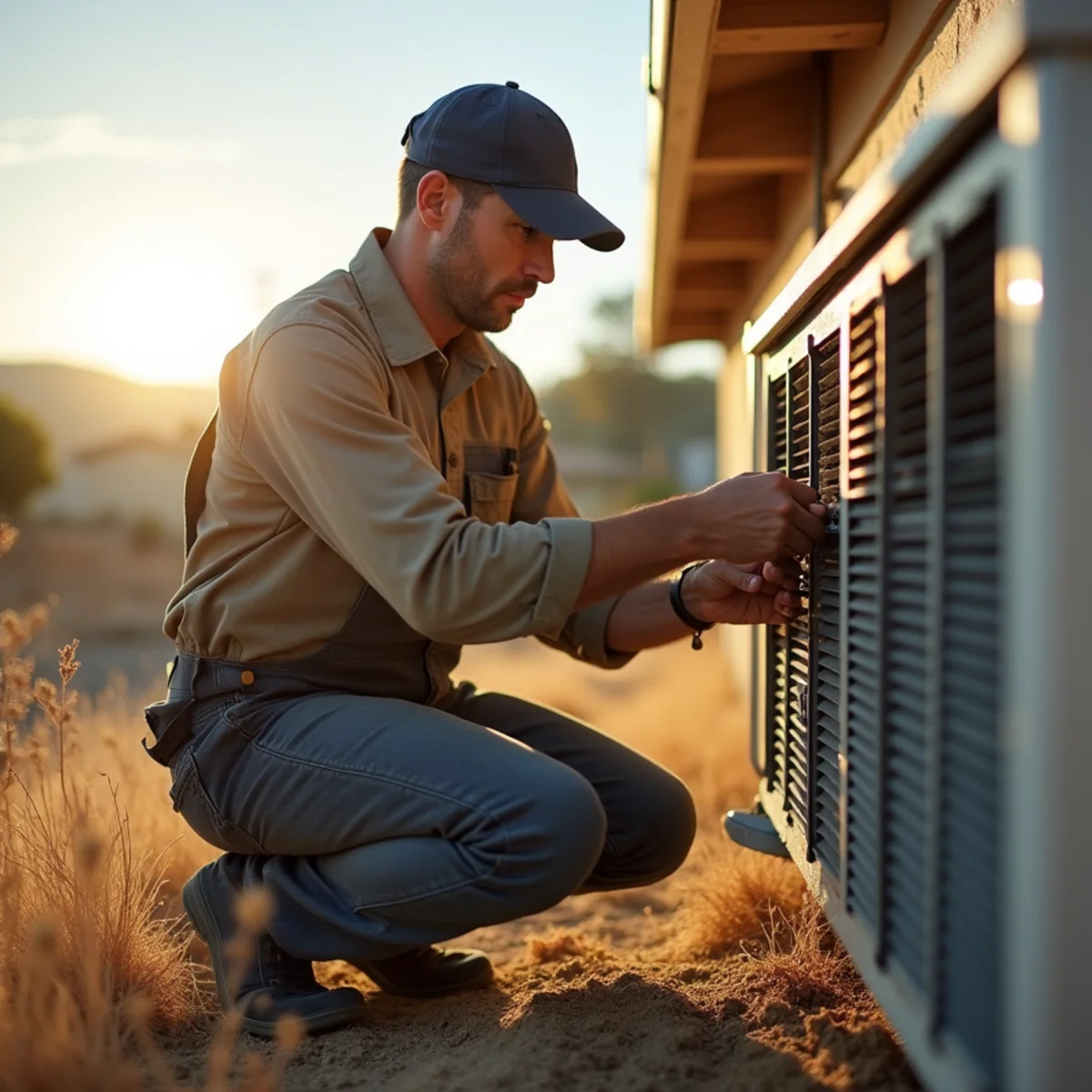 HVAC technician repairing an air conditioner at a 1980s home in Cameron Park, CA