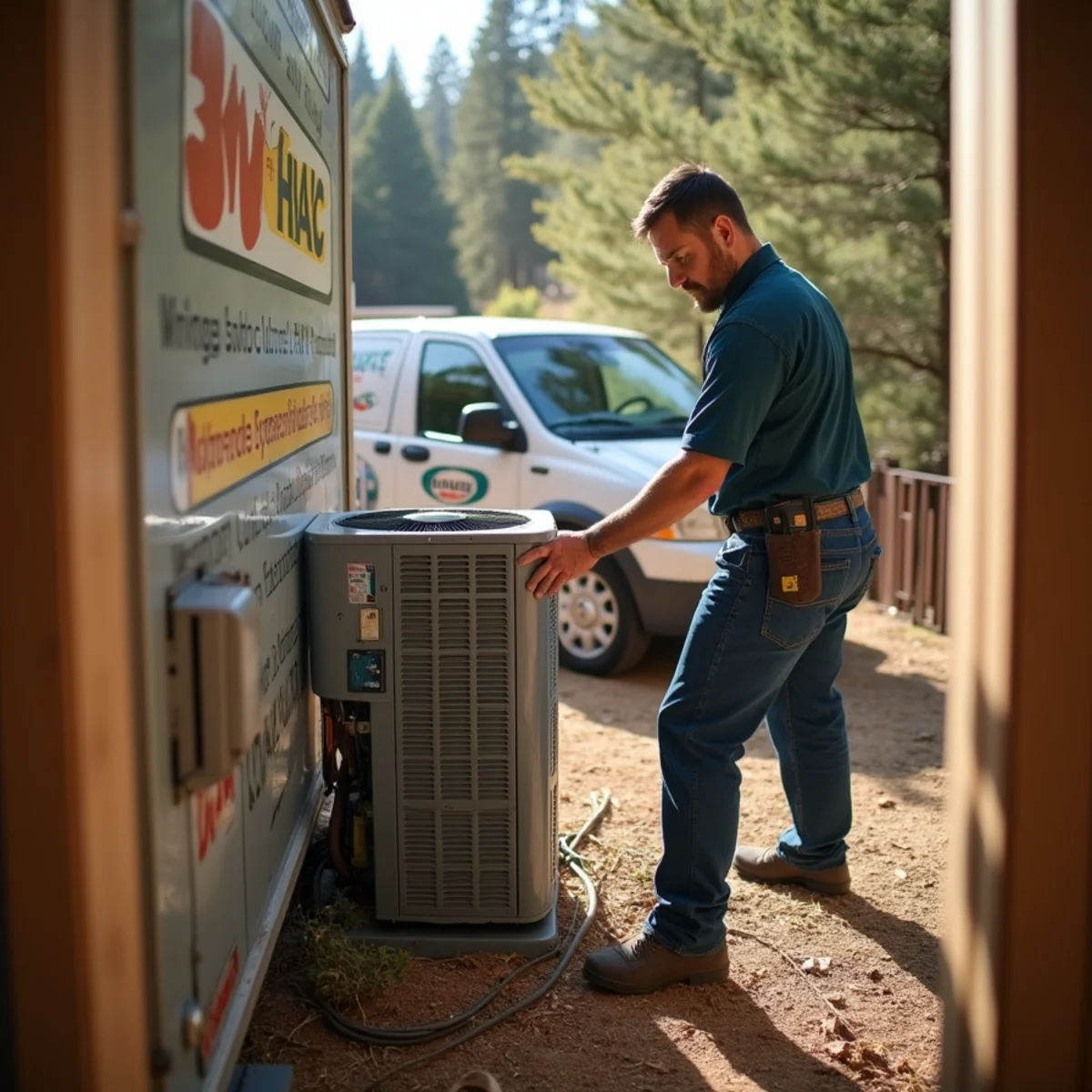 HVAC technician installing smoke-ready air filtration in a wooded home in Christian Valley, CA