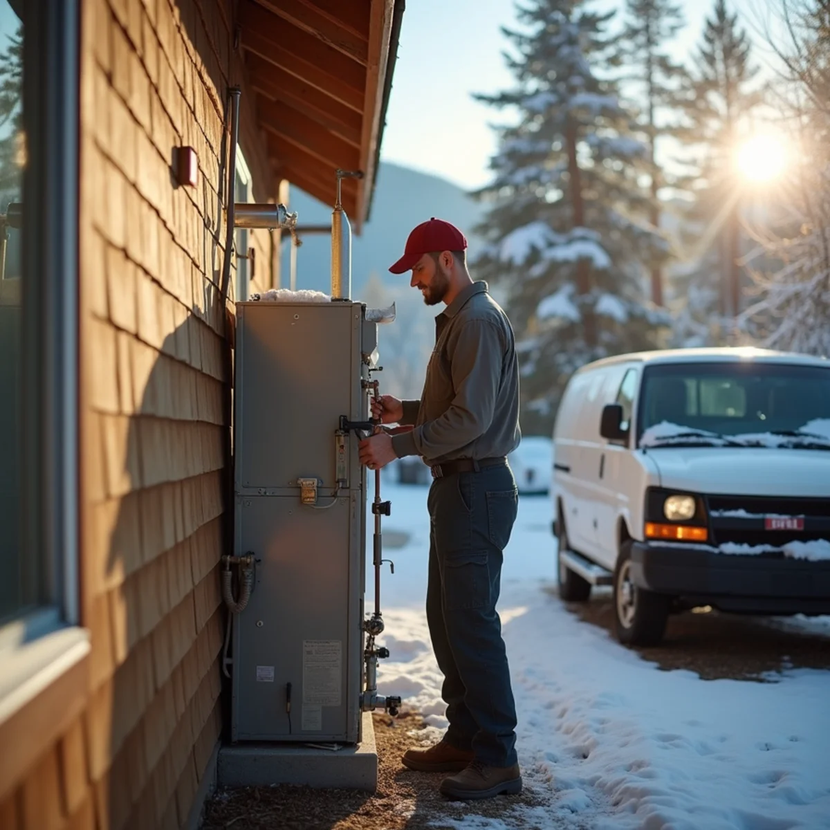 HVAC technician replacing a furnace in a snow-country home in Colfax, CA