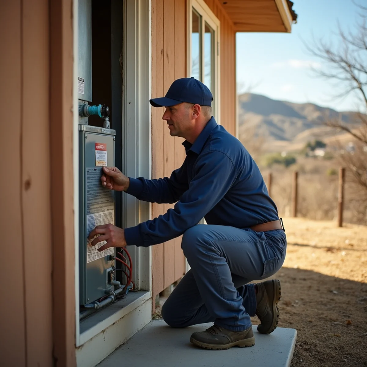 HVAC technician installing a replacement furnace in an older home in Diamond Springs, CA