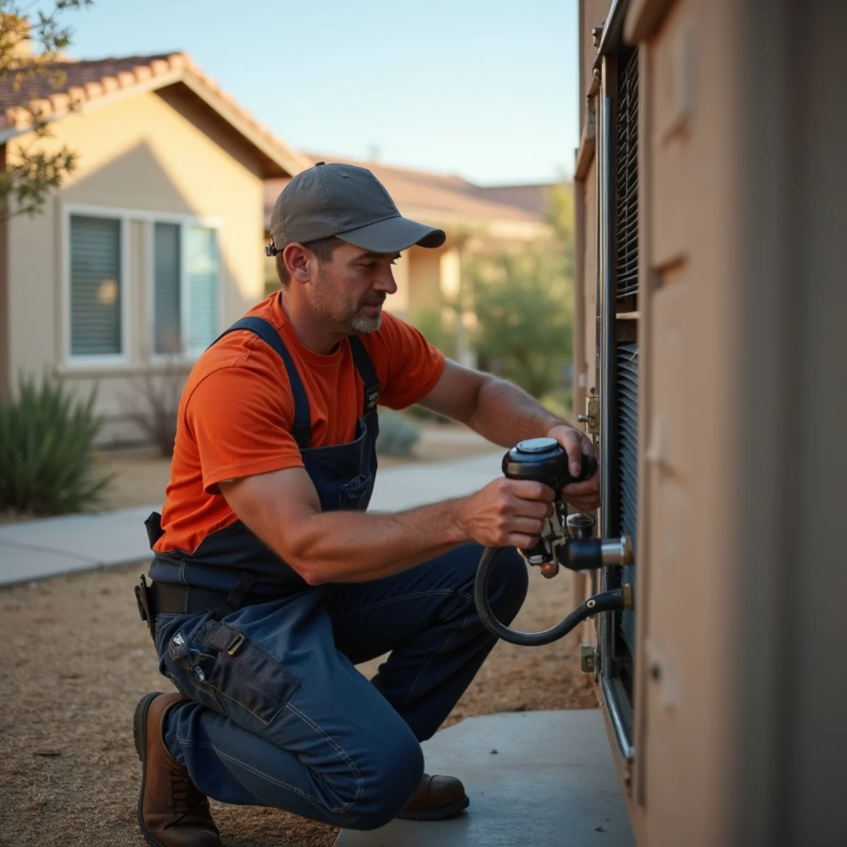 HVAC technician performing a maintenance tune-up in a newer South Auburn subdivision home