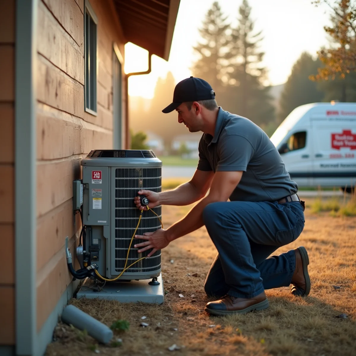 HVAC technician installing a heat pump in a rebuilt Foresthill Divide home in Foresthill, CA