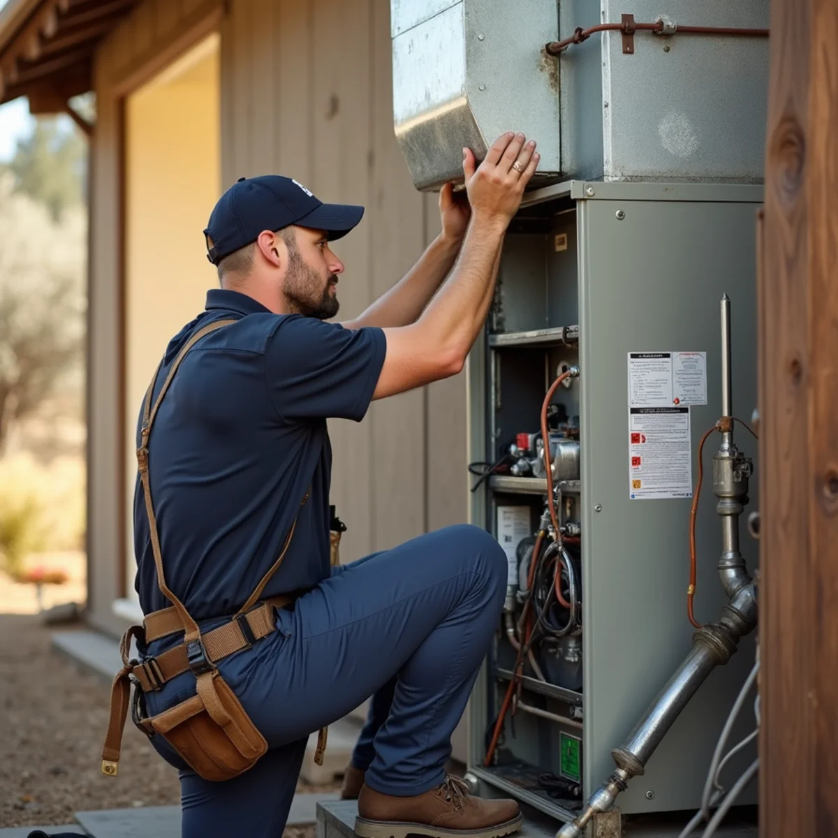 HVAC technician repairing a furnace at a foothill home in Georgetown, CA