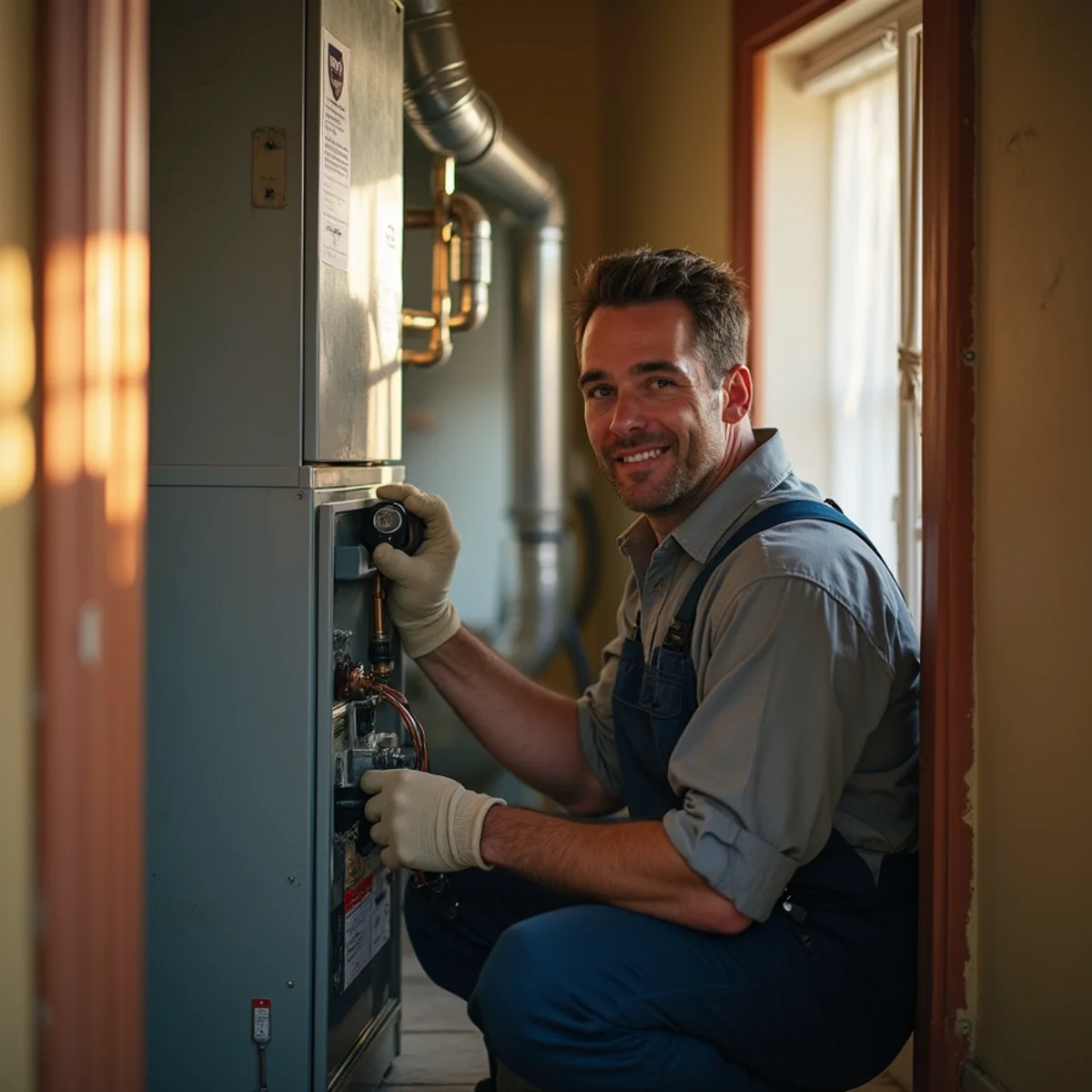 HVAC technician repairing a furnace in a Victorian-era home in Grass Valley, CA