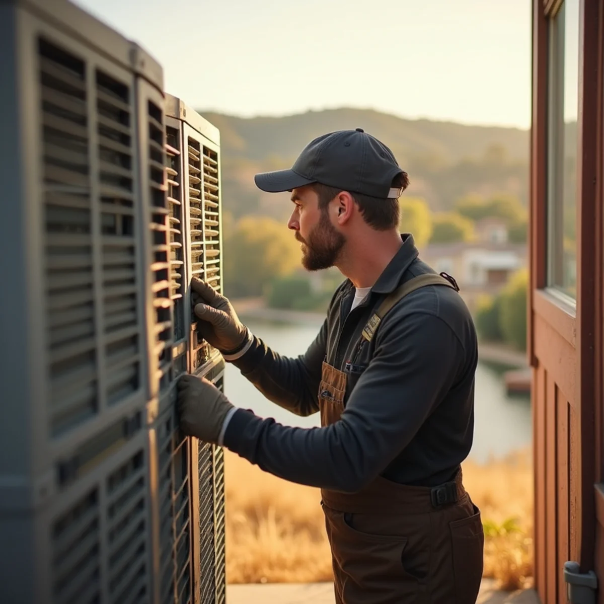 HVAC technician servicing an air conditioner at a lakeside home in Lake of the Pines, CA