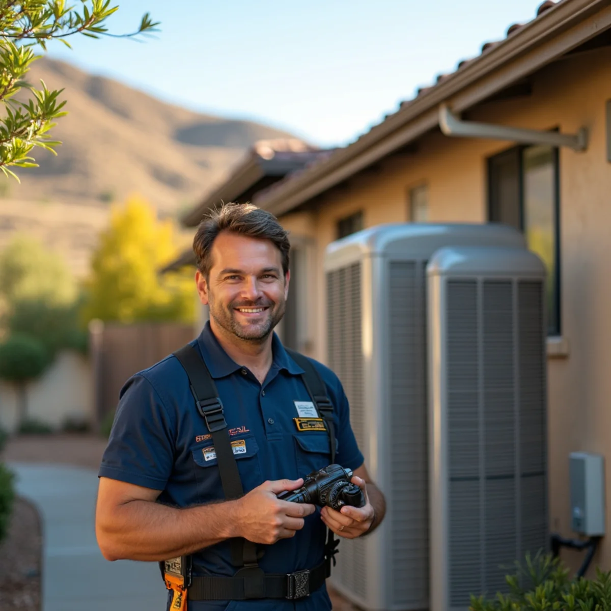 HVAC technician servicing a single-story 55-plus home in Sun City Lincoln Hills, Lincoln, CA