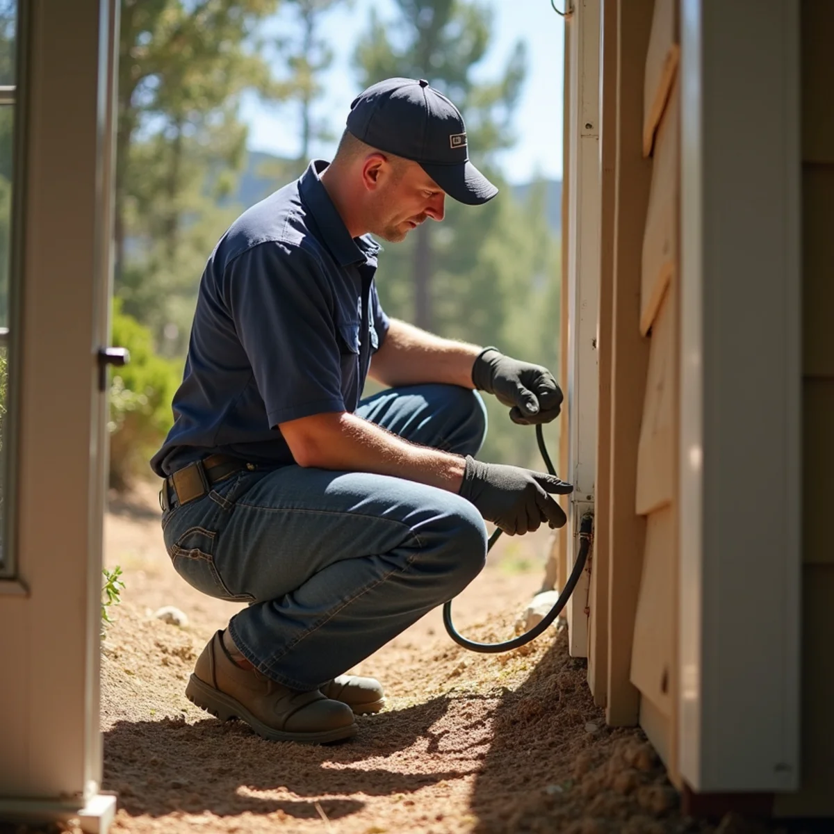 HVAC technician installing smoke filtration in a wooded Meadow Vista, CA home