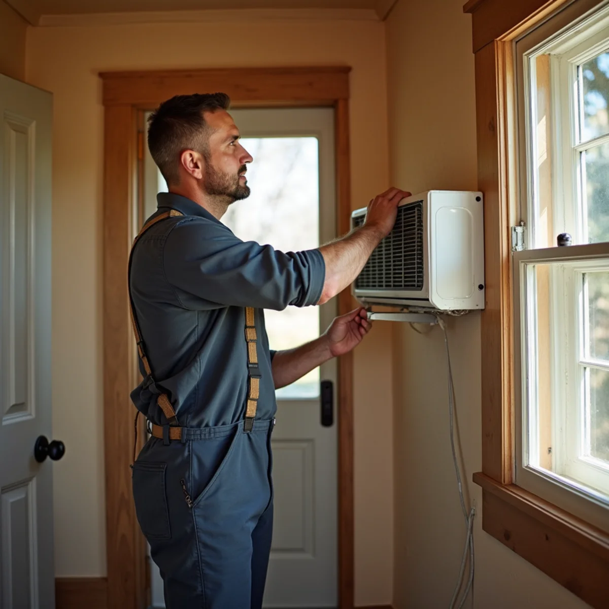 HVAC technician installing a ductless mini-split in a historic 1800s home in Nevada City, CA