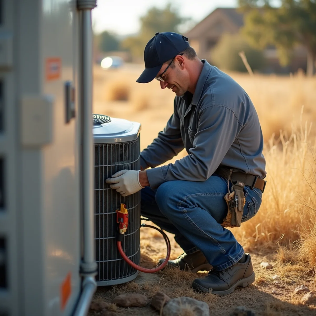HVAC technician installing a new air conditioning system at a ranch home in Placerville, CA