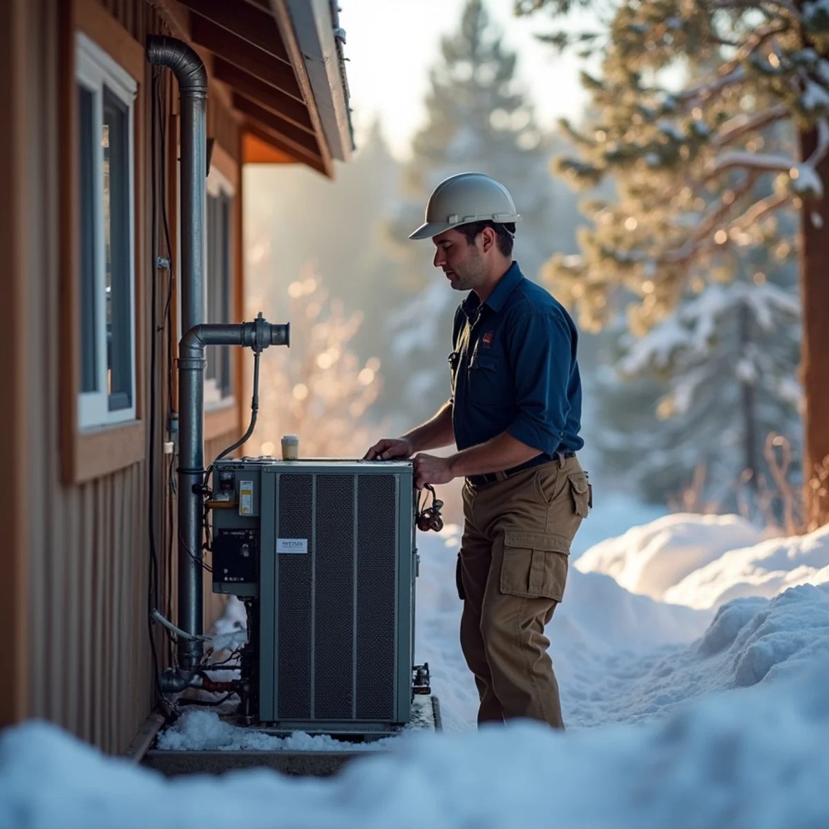 HVAC technician performing emergency furnace repair at a snow-country home in Pollock Pines, CA