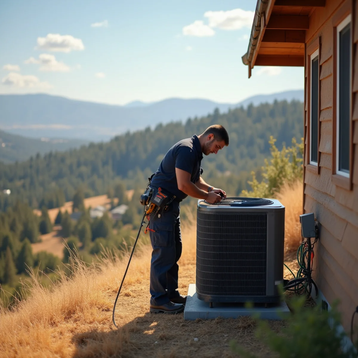 HVAC technician servicing a ridge-top custom home near Auburn State Recreation Area trailheads