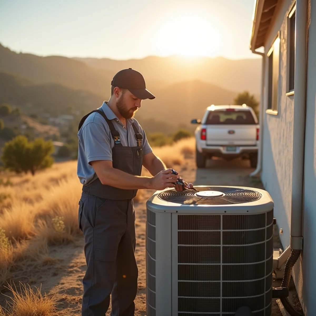 HVAC technician servicing a high-efficiency air conditioner on a hot valley day in Roseville, CA