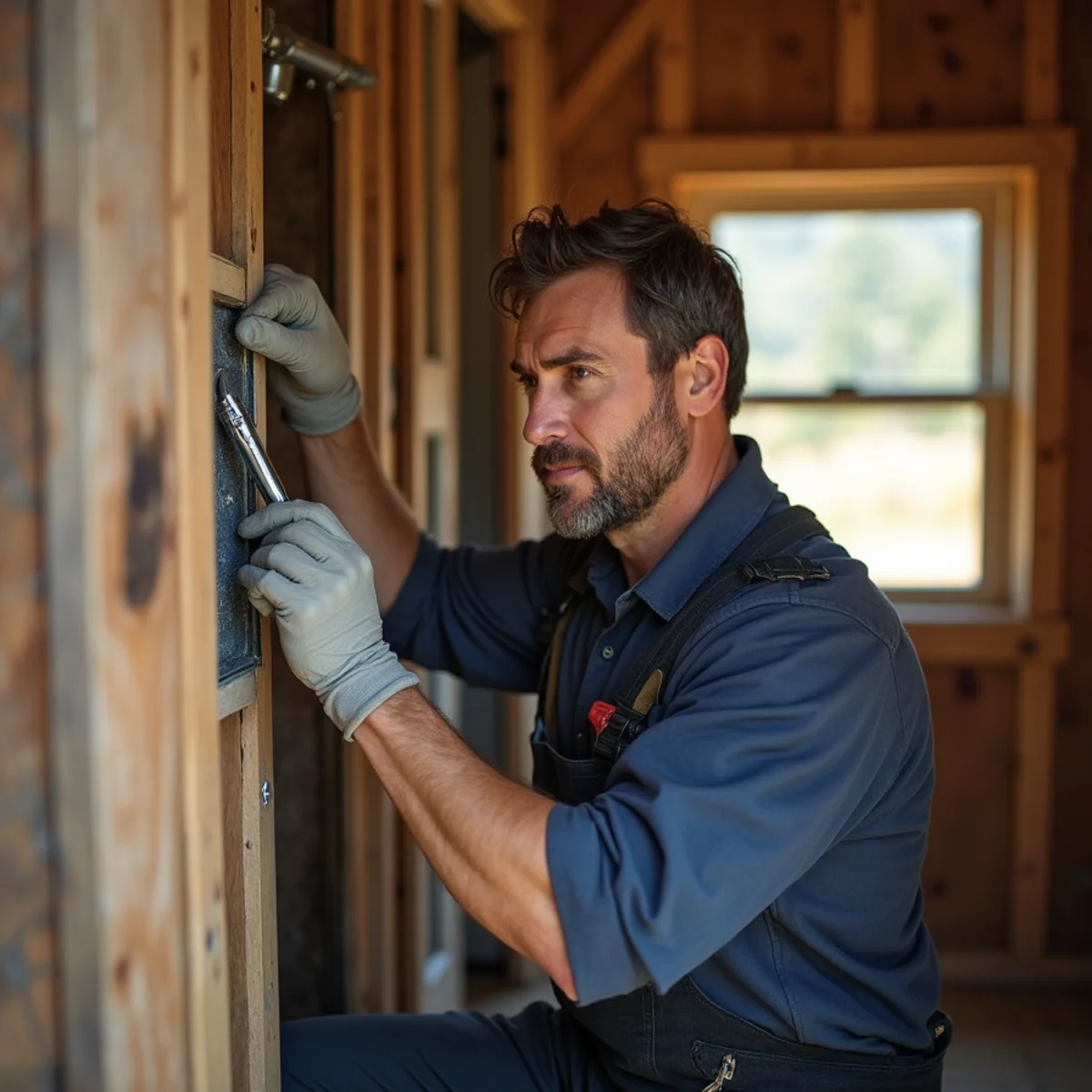 HVAC technician sealing ductwork and servicing filtration in a farmhouse in Sheridan, CA