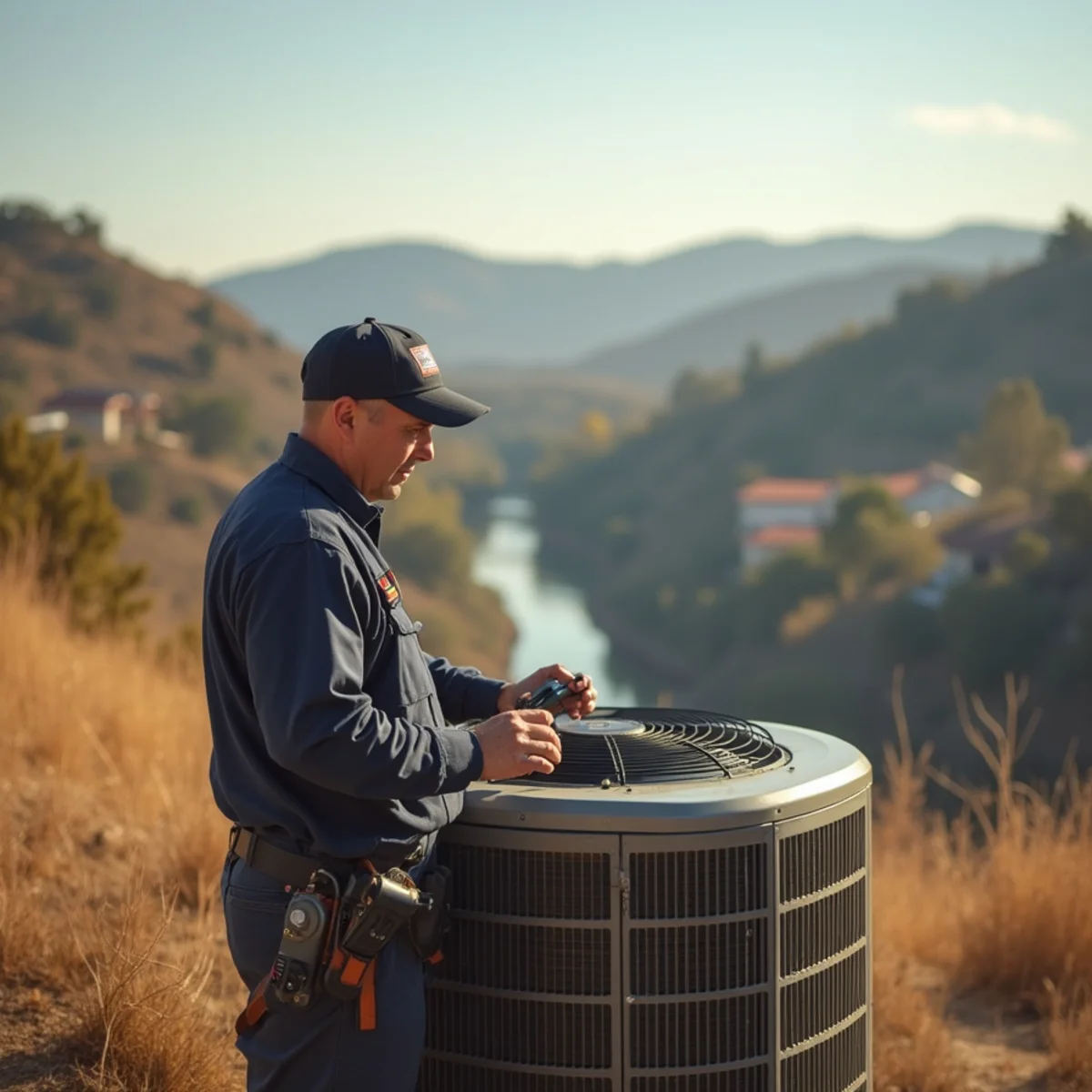 HVAC technician servicing a canyon-view home above the American River in South Auburn