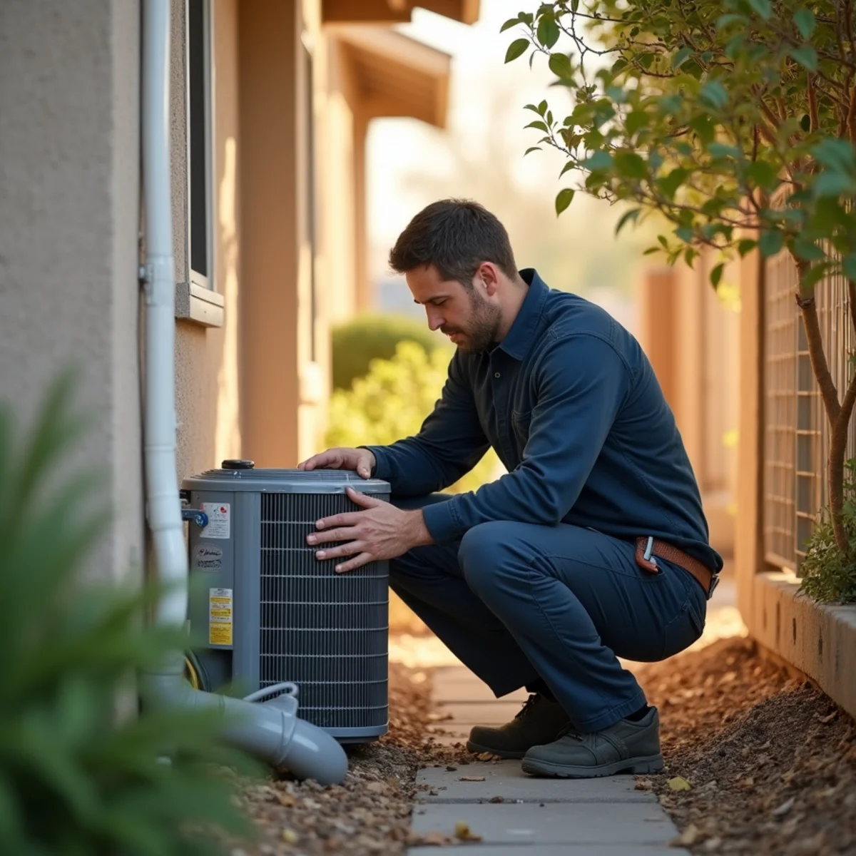 HVAC technician replacing an aging builder-grade system in a Vintage Oaks tract home in Auburn