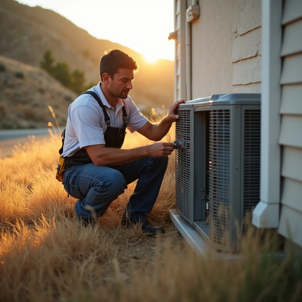 HVAC technician installing a heat pump on a home along the Applegate Road corridor in Weimar, CA