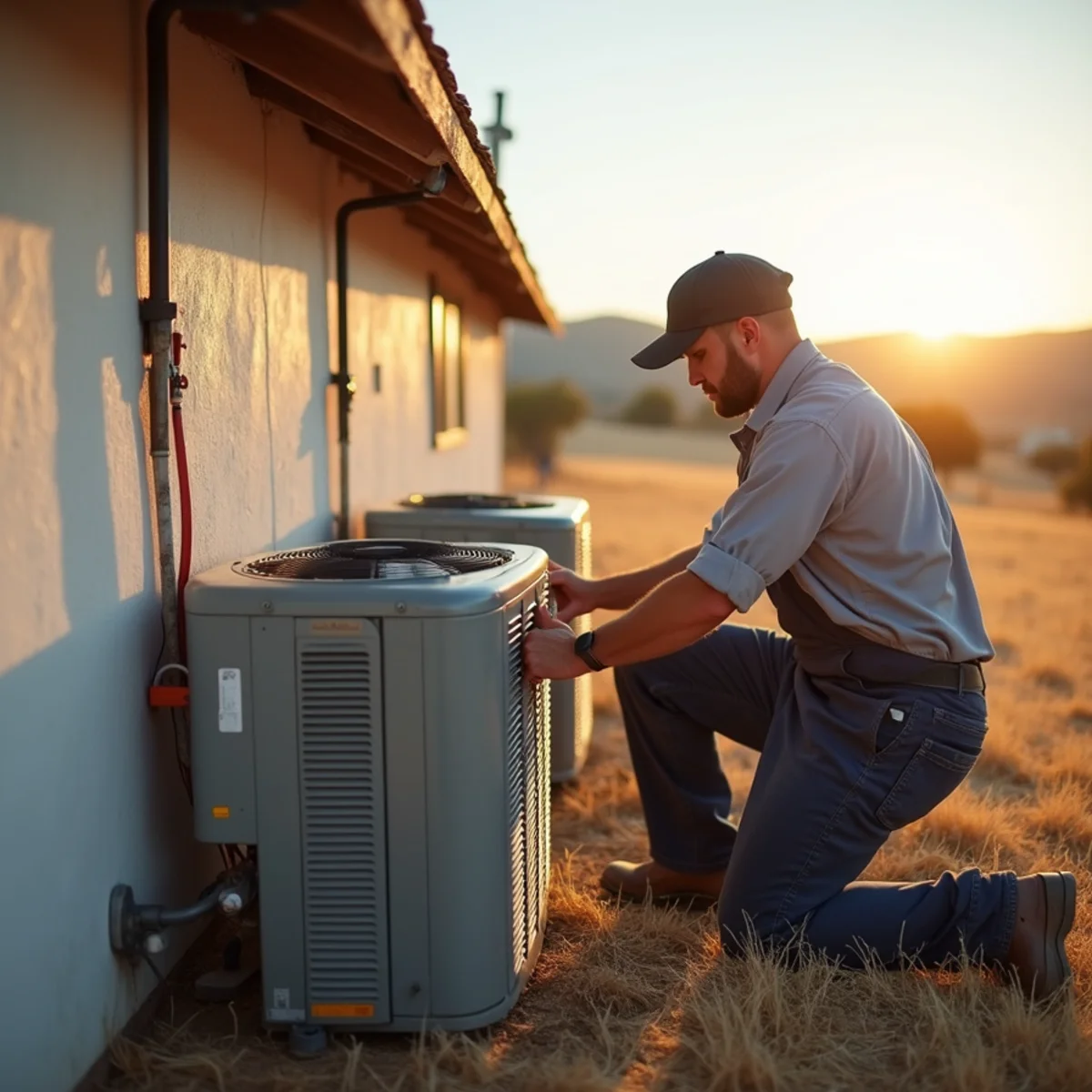 HVAC technician repairing an air conditioner at a farm-country home in Wheatland, CA