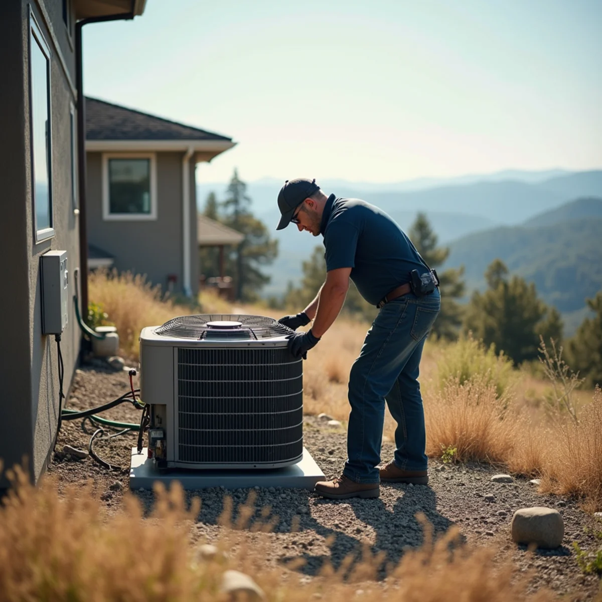 Outdoor AC condenser with cleared gravel defensible space at a ridge-top home near Auburn State Recreation Area