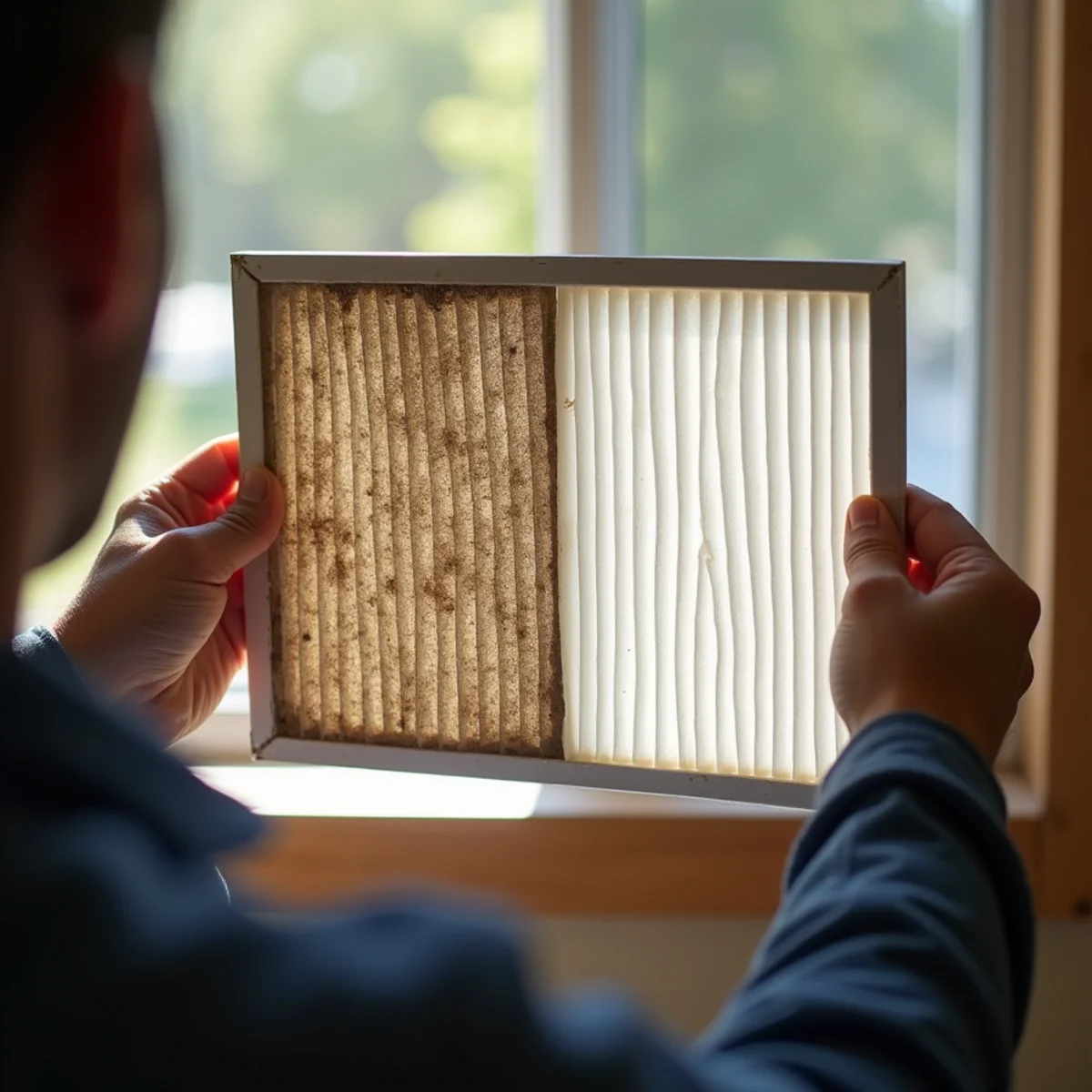 Dirty HVAC air filter held to the light next to a clean replacement in an Auburn, CA home
