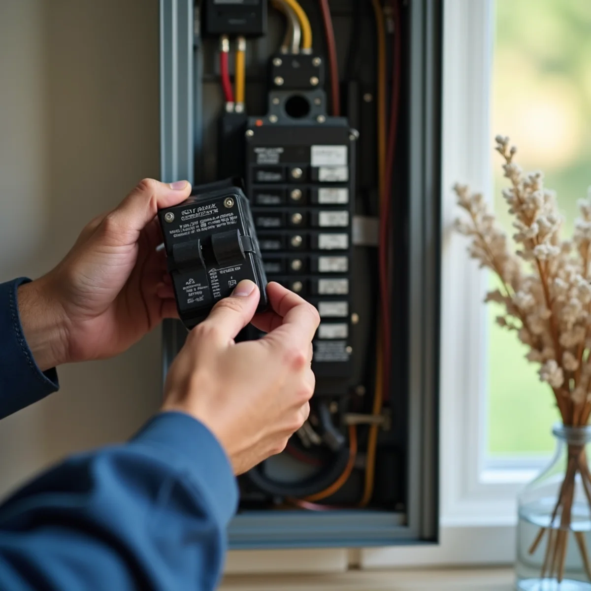Hand resetting a tripped air conditioner breaker in a home electrical panel in Auburn, CA