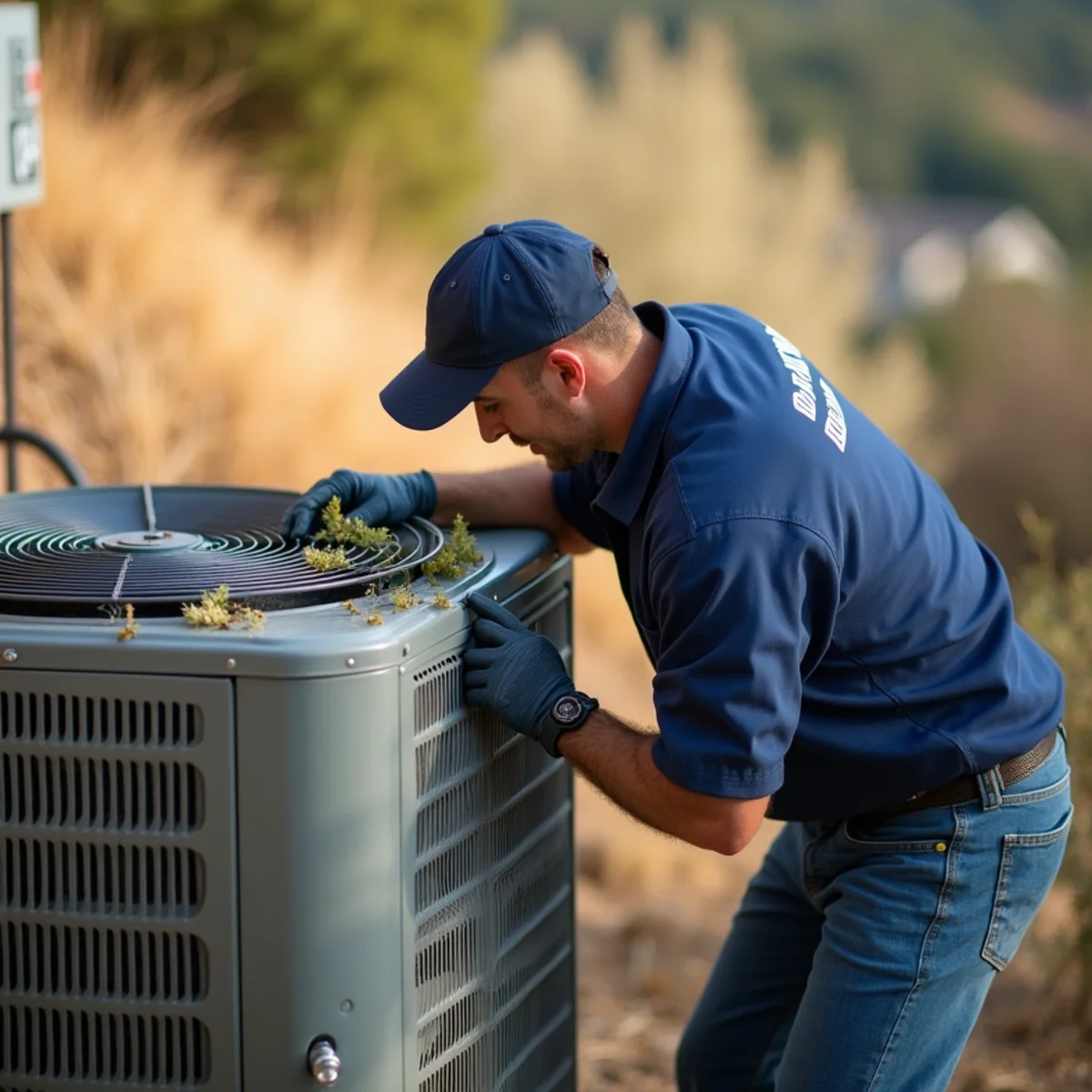 Technician clearing debris and weeds from an outdoor AC condenser at an Auburn, CA foothill home