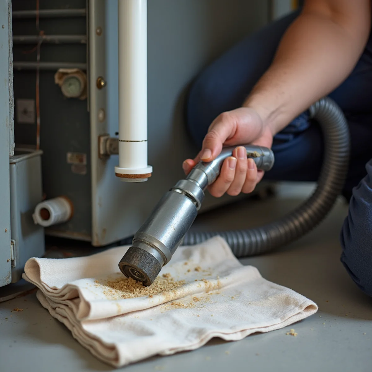 Clogged HVAC condensate drain line being cleared in an Auburn, CA home