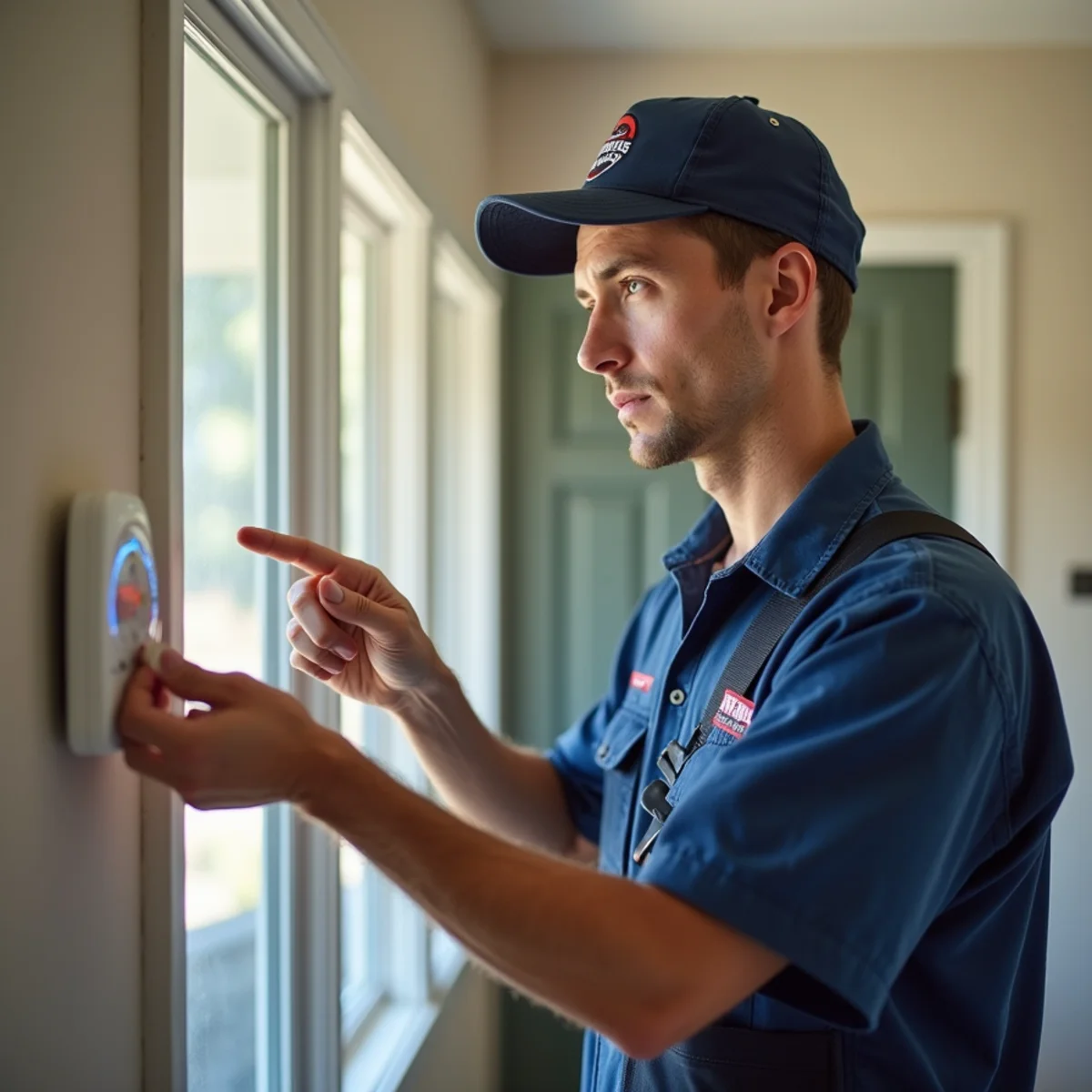HVAC technician checking a thermostat during an AC not working call in Auburn, CA