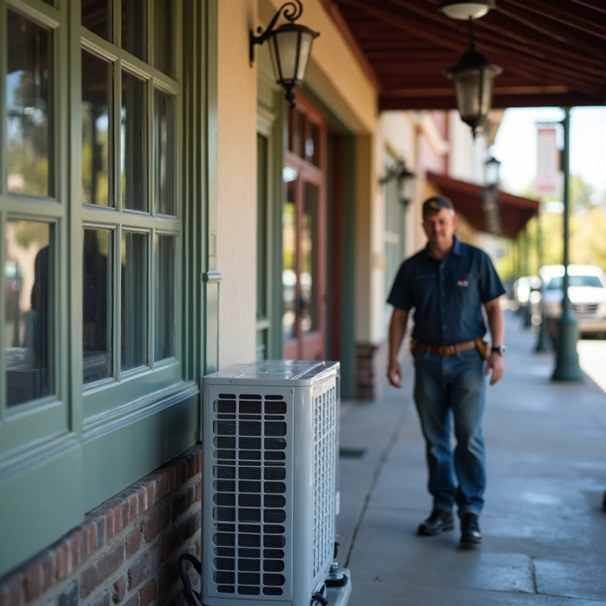 Commercial ductless mini-split condenser installed behind a historic Old Town Auburn storefront