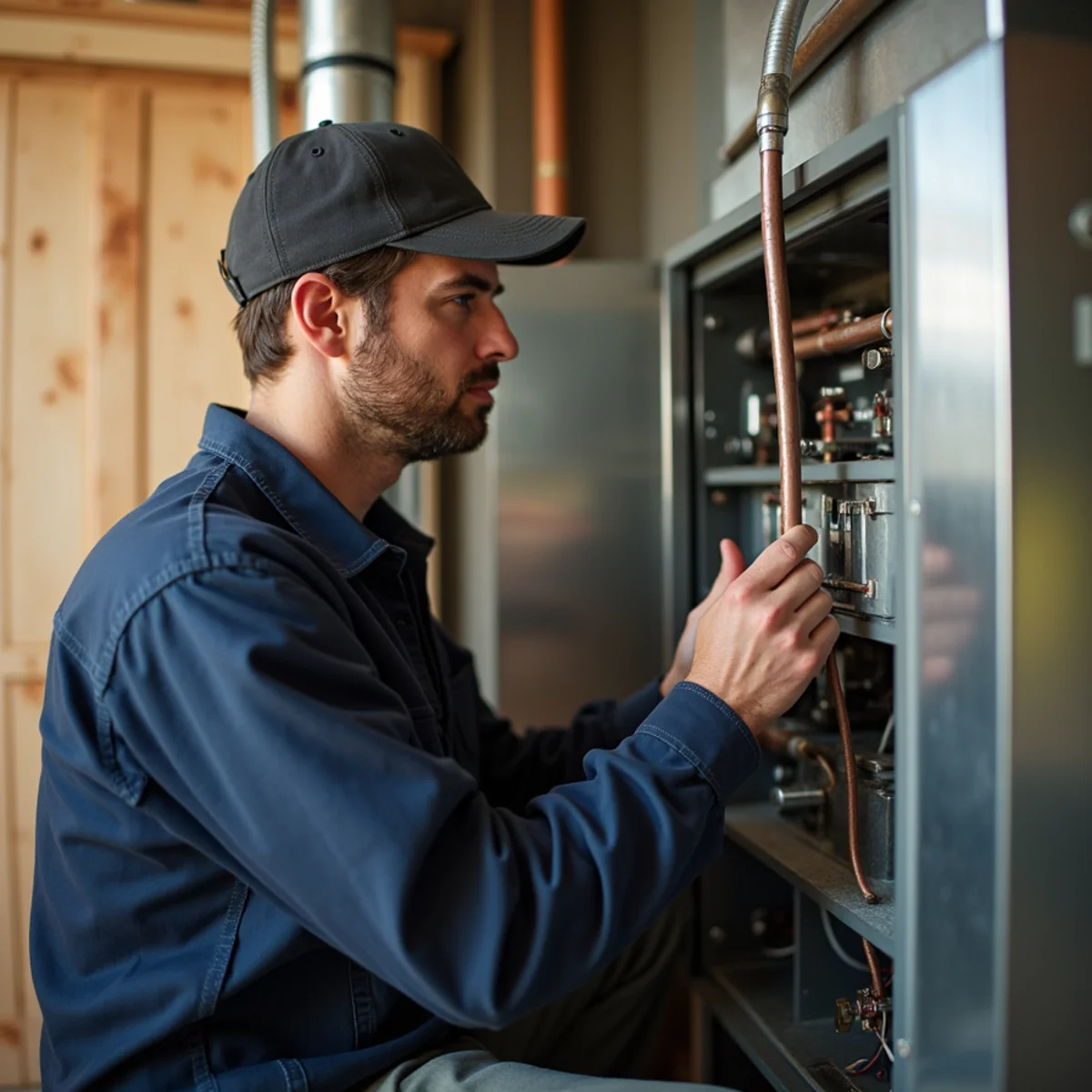 HVAC technician inspecting a gas furnace during a fall furnace checkup in Auburn, CA