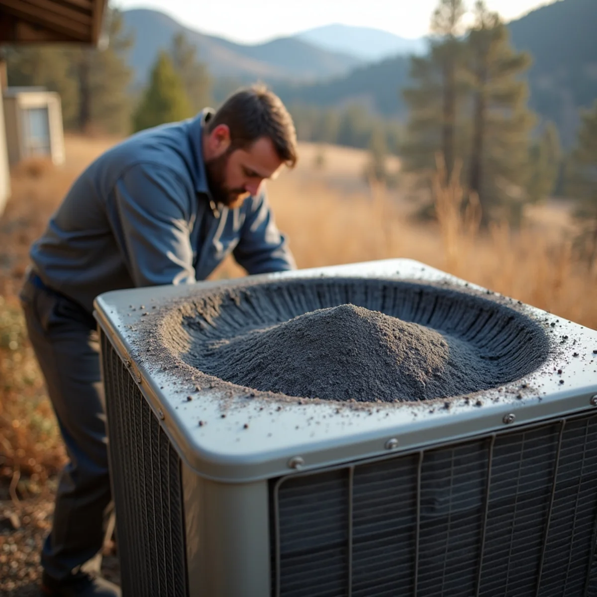 Wildfire ash packed into an outdoor AC condenser near the Foresthill Divide after the Mosquito Fire