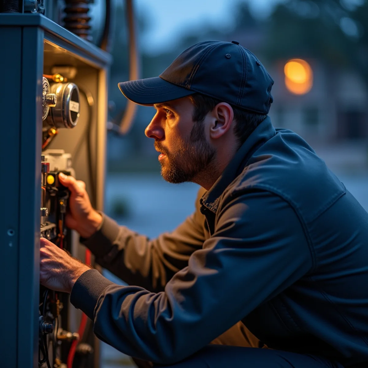 Homeowner checking a furnace during a no-heat emergency on a cold Auburn night