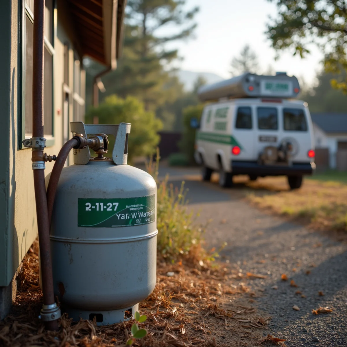 Propane tank and furnace at a rural home in Placer County near Bowman, CA