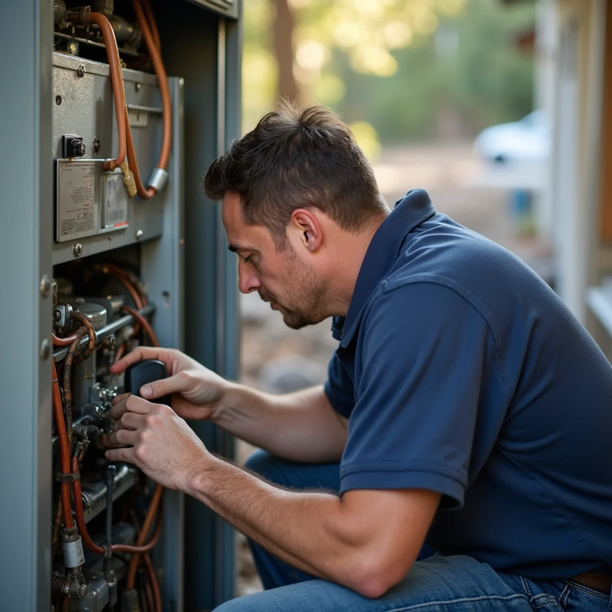 HVAC technician inspecting a furnace during a rental property turnover in Auburn, CA