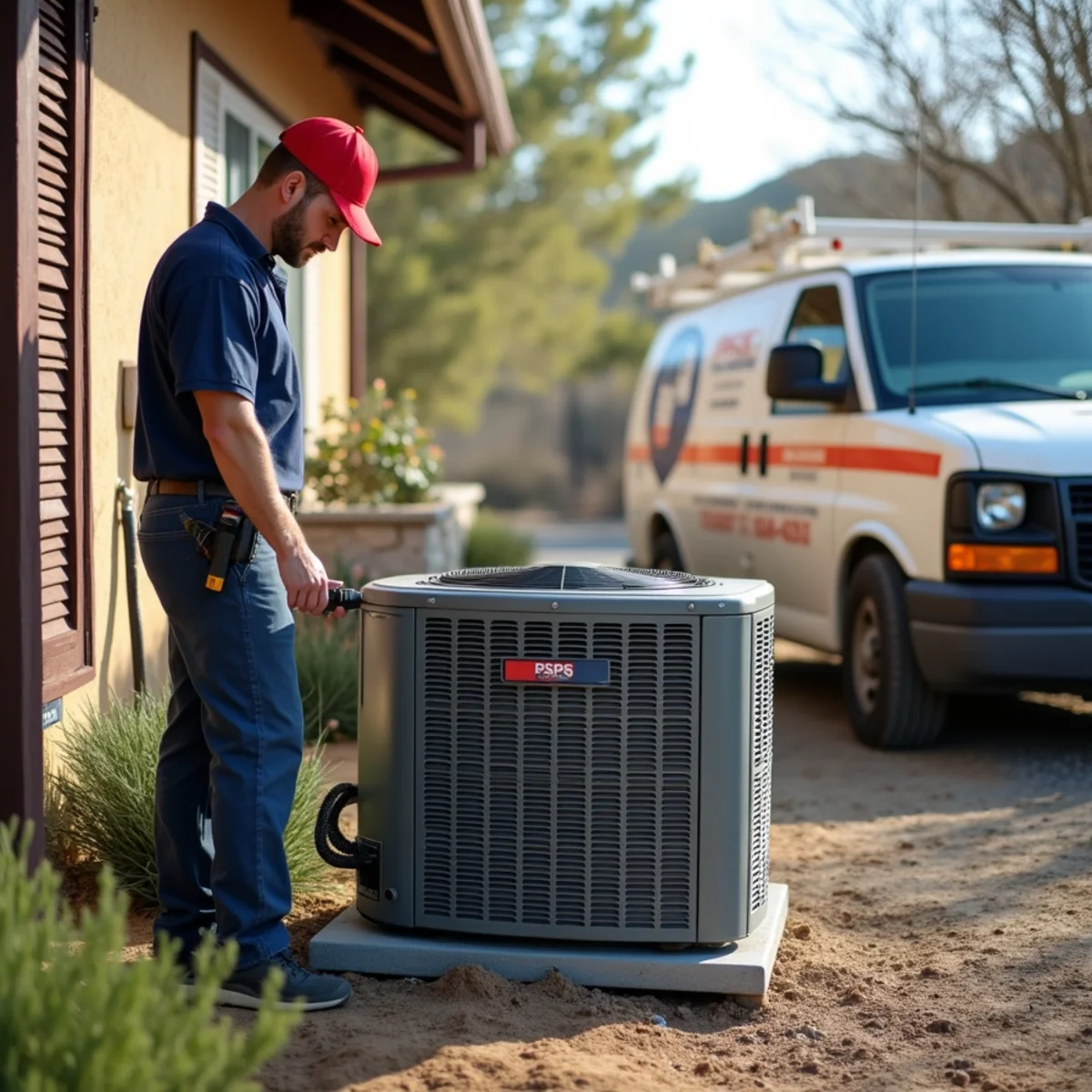 Standby generator beside an HVAC unit at an Auburn, CA home for PSPS HVAC backup power