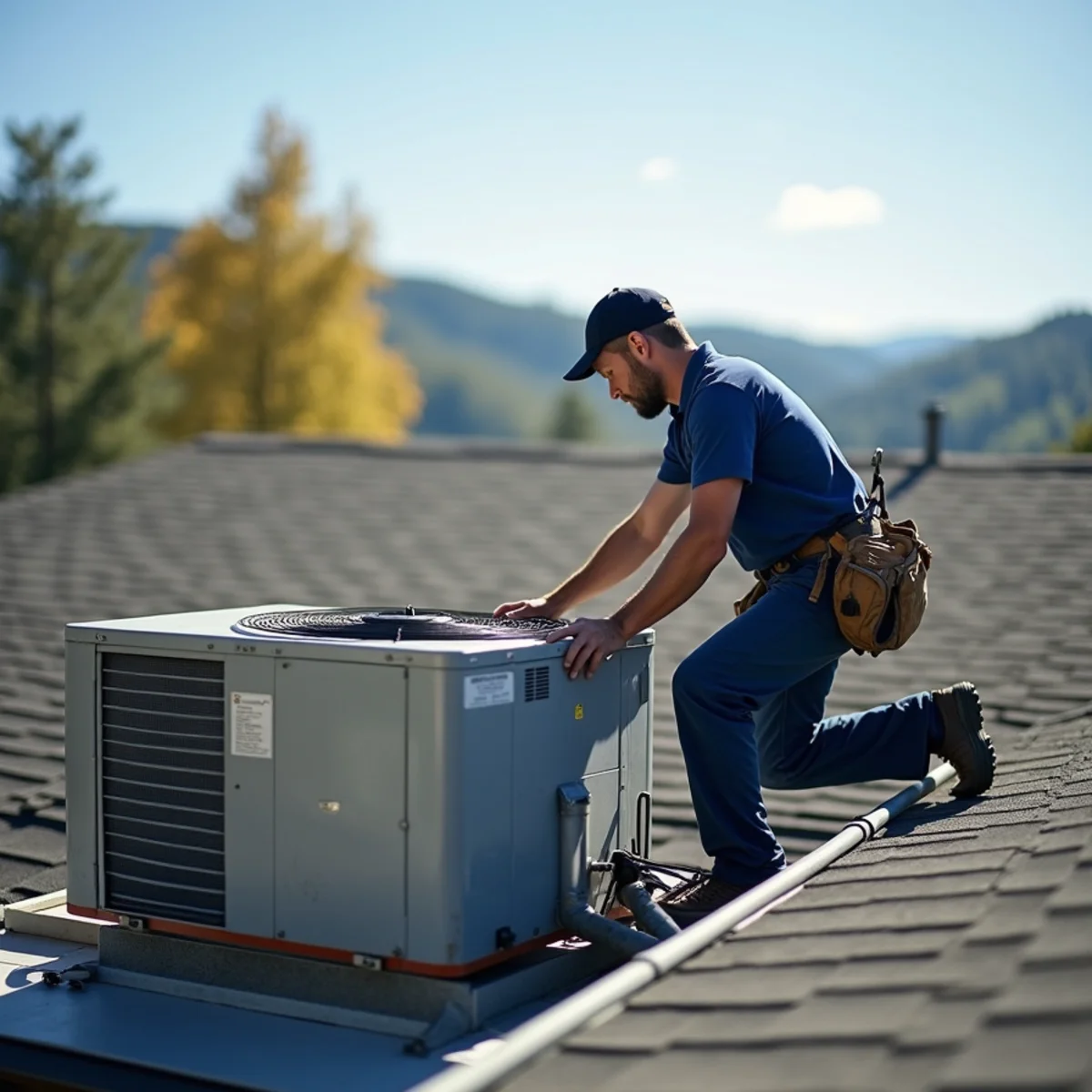 HVAC technician performing rooftop unit maintenance on a commercial building in Placer County near Auburn