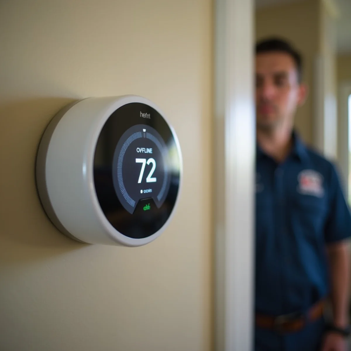 Smart thermostat showing an offline Wi-Fi connection in an Auburn, CA home