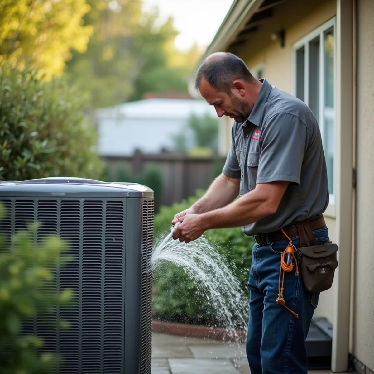 Homeowner rinsing an outdoor AC condenser during a spring AC tune-up in Auburn, CA