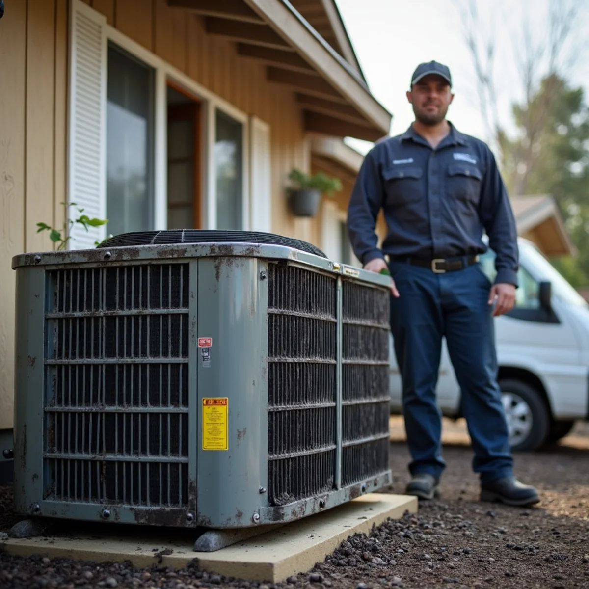 Ash-covered HVAC condenser after wildfire smoke near Auburn, CA and wildfire smoke hvac insurance questions