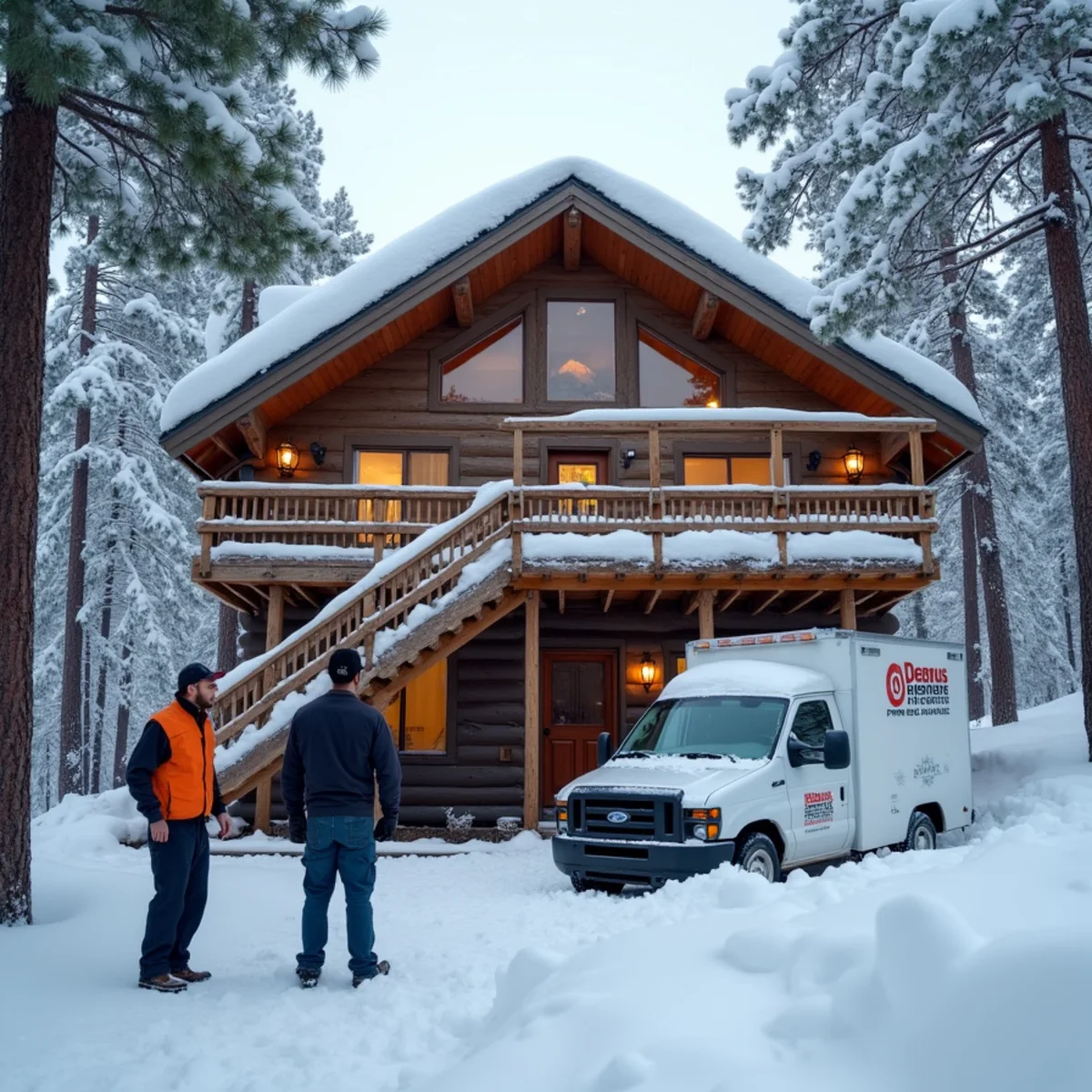 Snow-covered vacation cabin with an elevated heat pump near Colfax and Alta in the Sierra foothills