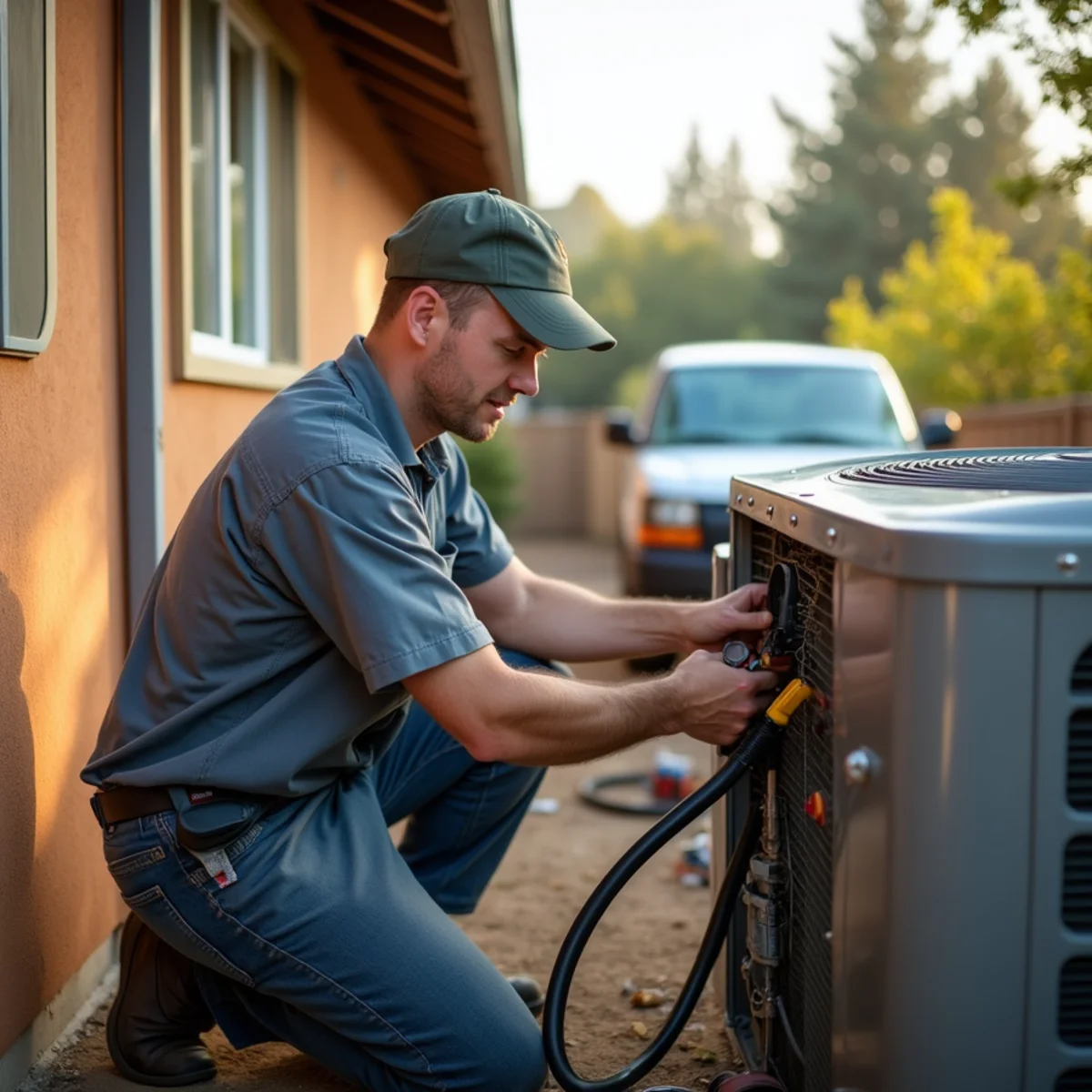 Technician making an emergency air conditioner repair during an Auburn, CA heat wave