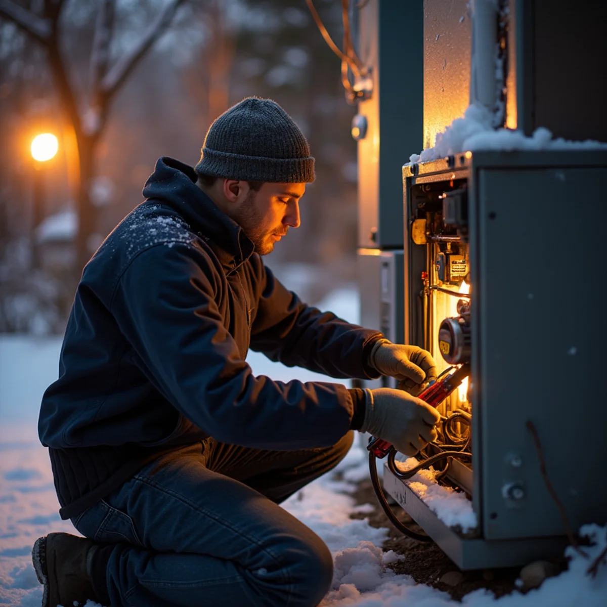 Technician performing emergency furnace repair on a cold winter night in Auburn, CA