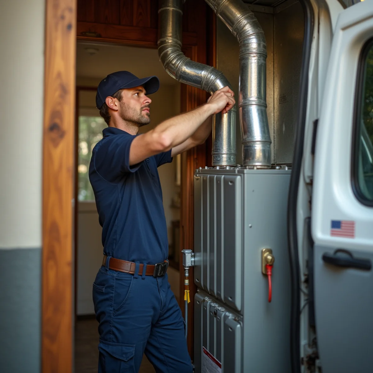 HVAC technician inspecting a gas furnace and heat exchanger in an Auburn, CA home