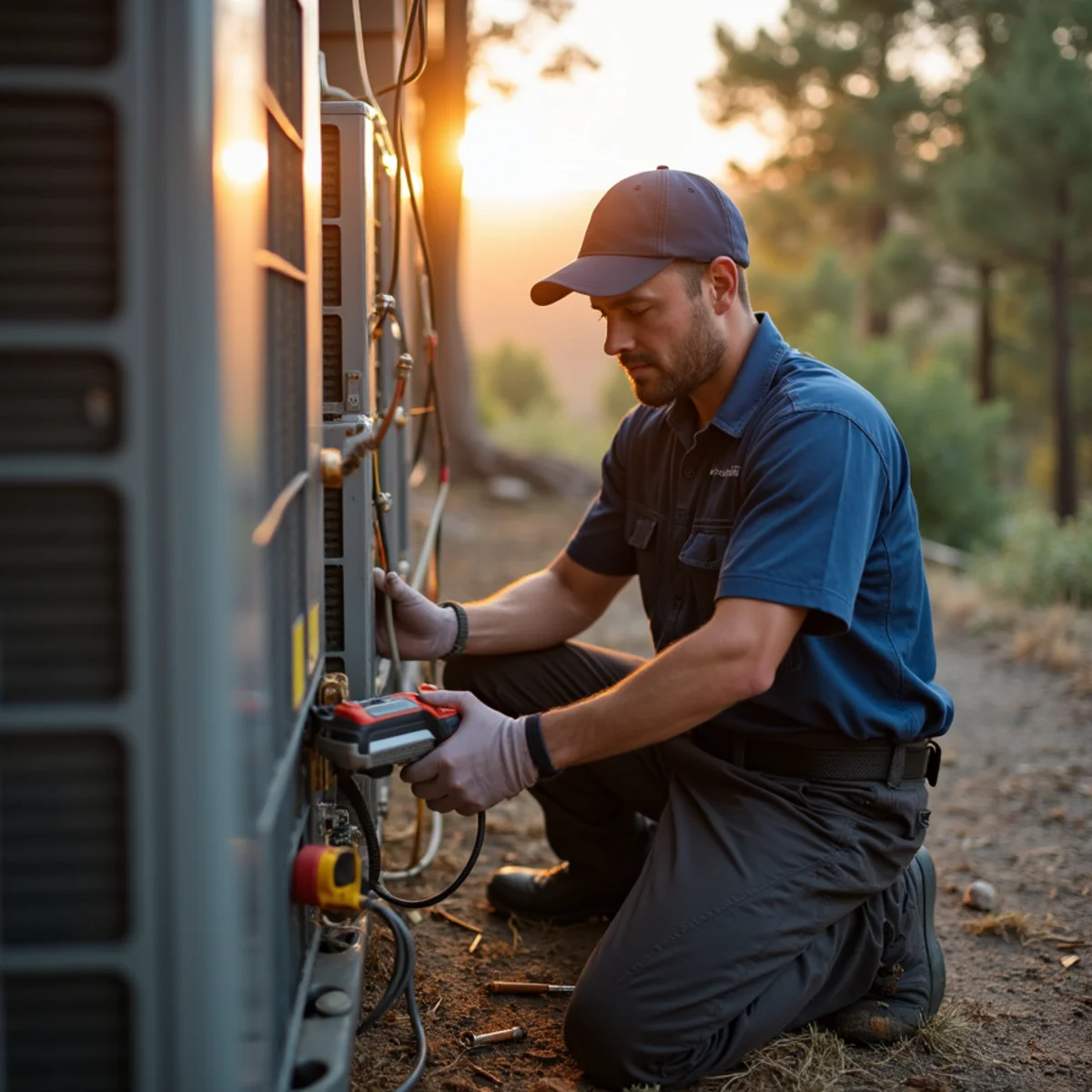 HVAC technician servicing a residential heating and cooling system at an Auburn, CA home