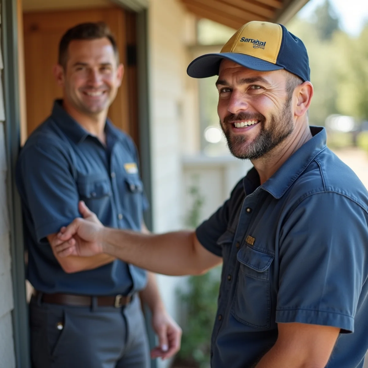 Happy Auburn, CA homeowner with a technician after an HVAC repair